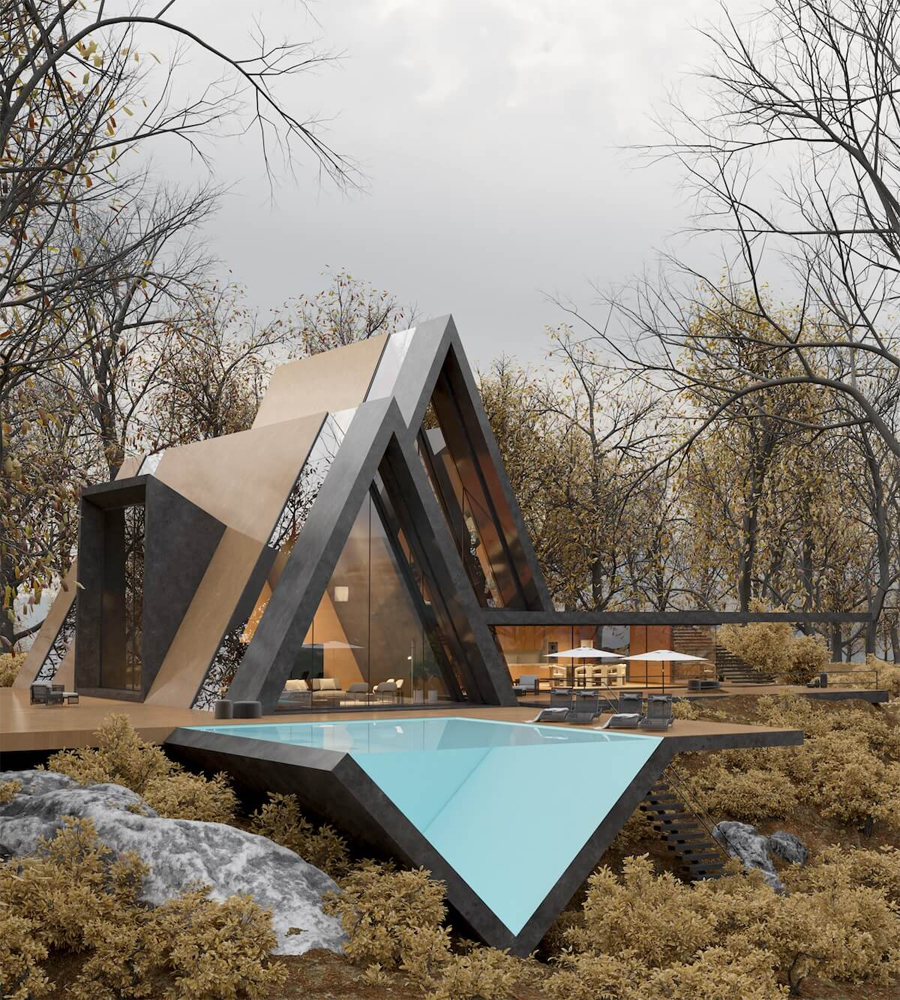 Minimalist Villa Calm with a Triangular Pool in Tehran